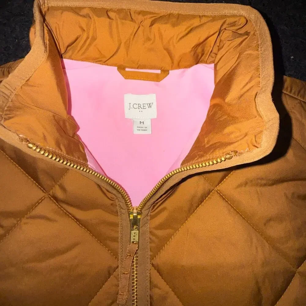 NEW J CREW COFFEE PUFFER QUILTED Zip Front Snap Pockets High Mock Neck SZ MED